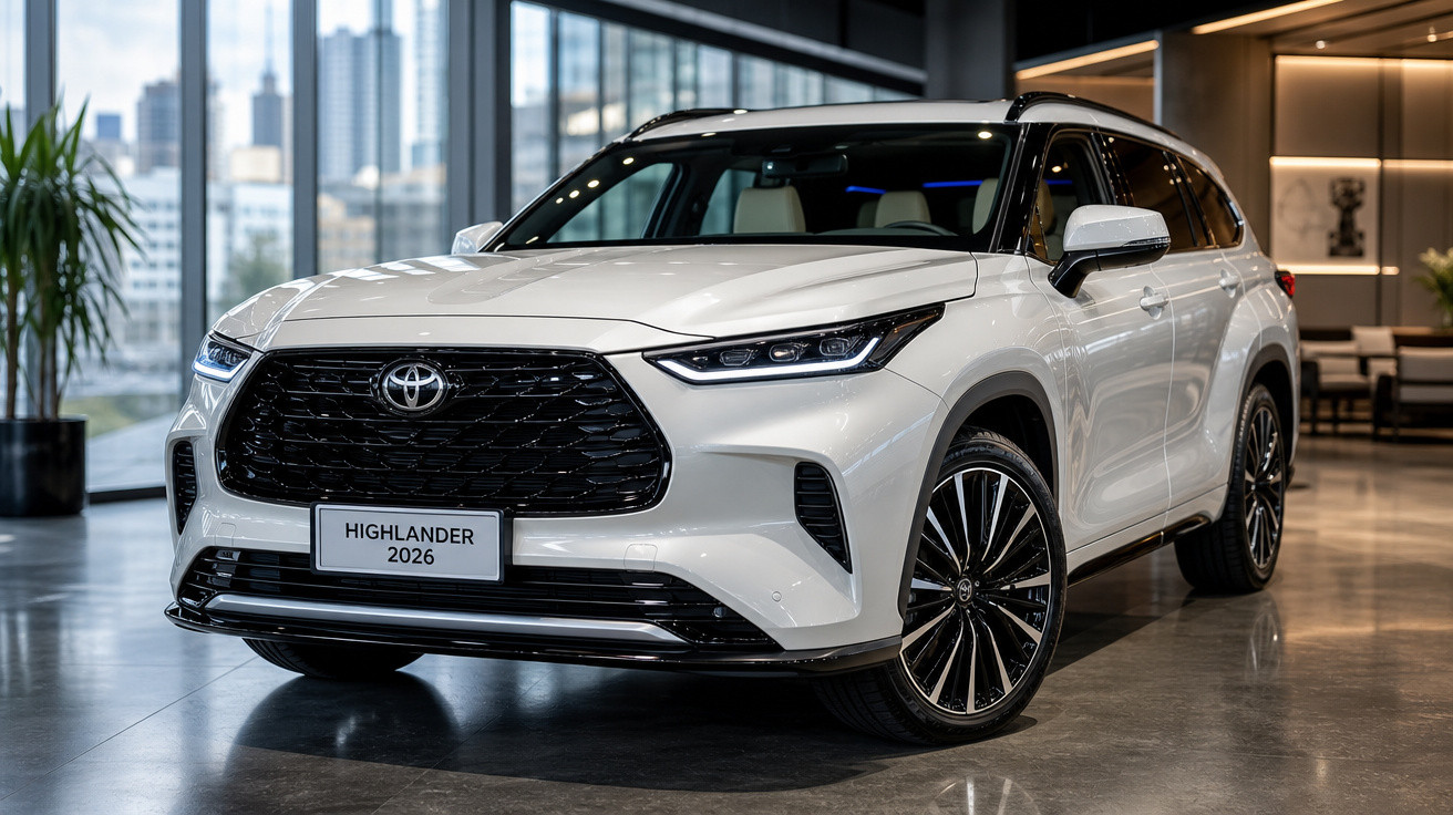 SUV branco Toyota Highlander 2026 exposto em showroom moderno com grandes janelas e piso refletivo.