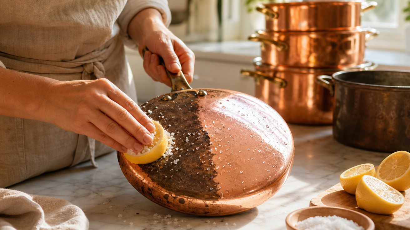 Pessoa limpando frigideira de cobre com limão e sal em bancada de cozinha com utensílios ao fundo.