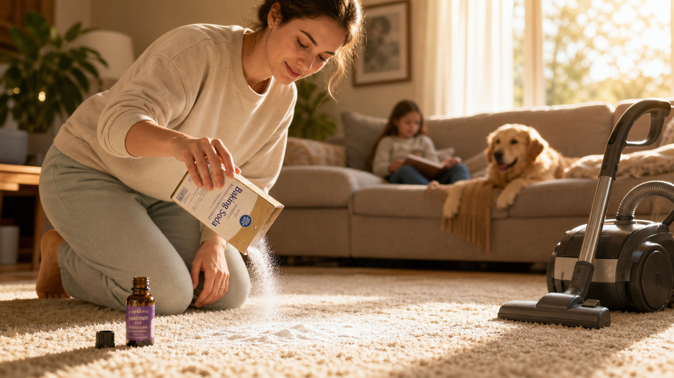 Mulher aplicando bicarbonato de sódio no tapete com aspirador próximo, criança e cachorro no sofá ao fundo.
