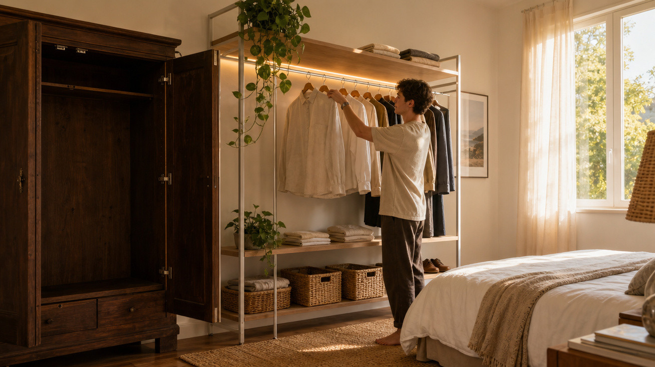 Pessoa organizando roupas em cabideiro aberto em quarto bem iluminado com decoração neutra e natural.