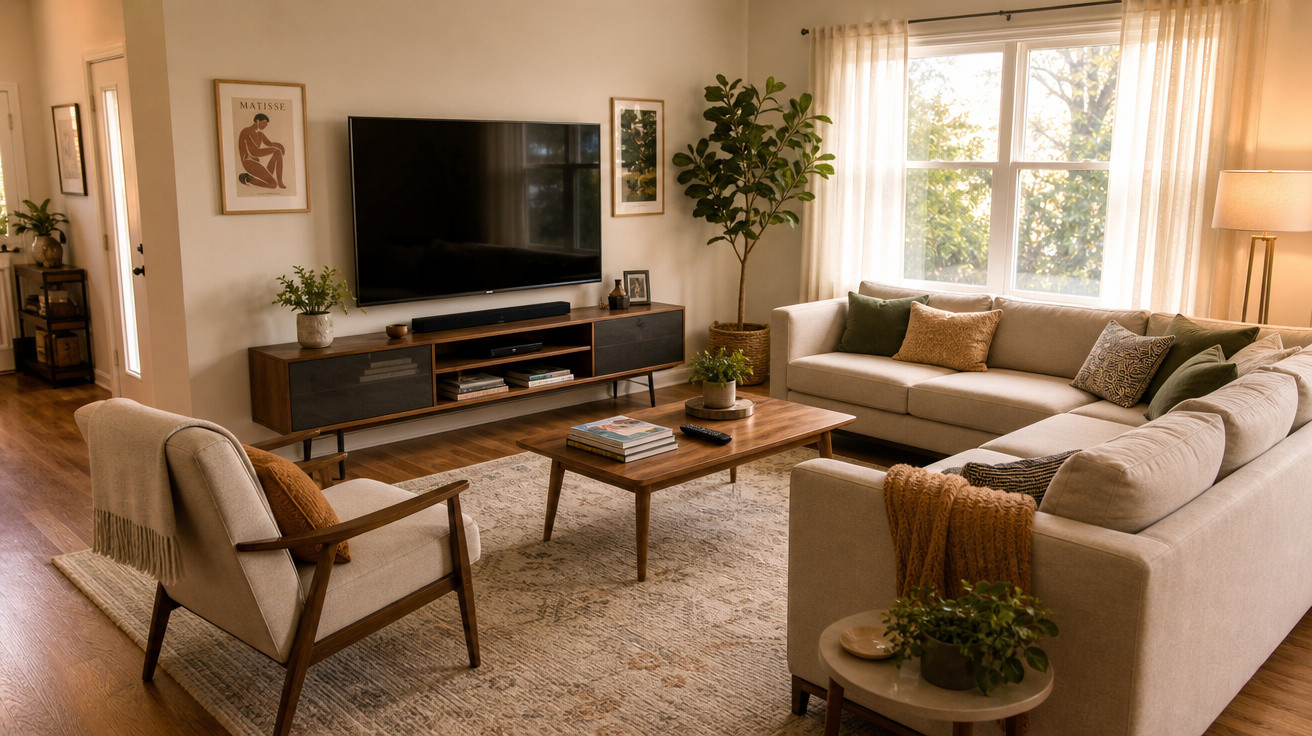 Sala de estar com sofá em L, poltrona, mesa de centro, TV na parede e decoração aconchegante.