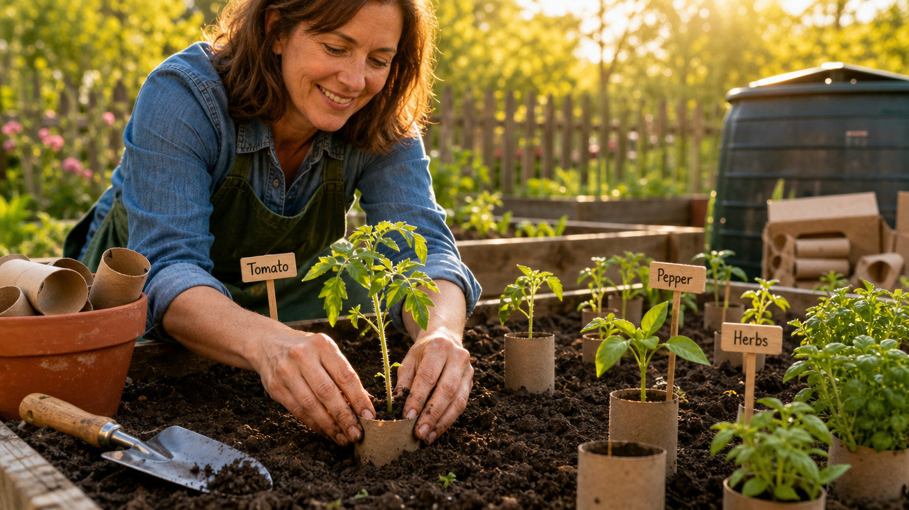 Mulher plantando mudas em horta caseira com placas indicando tomate, pimenta e ervas.