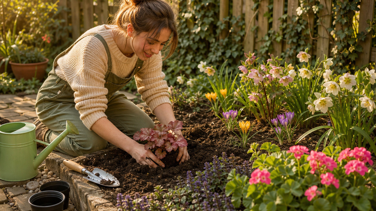 Mulher sorridente plantando flores em jardim ensolarado, cercada por ferramentas de jardinagem.