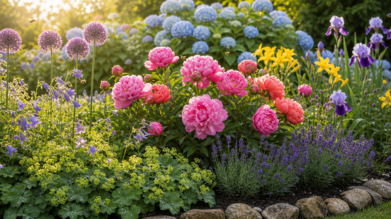 Jardim colorido com flores rosas, amarelas, roxas e azuis ao entardecer, com pedra delimitando canteiro.