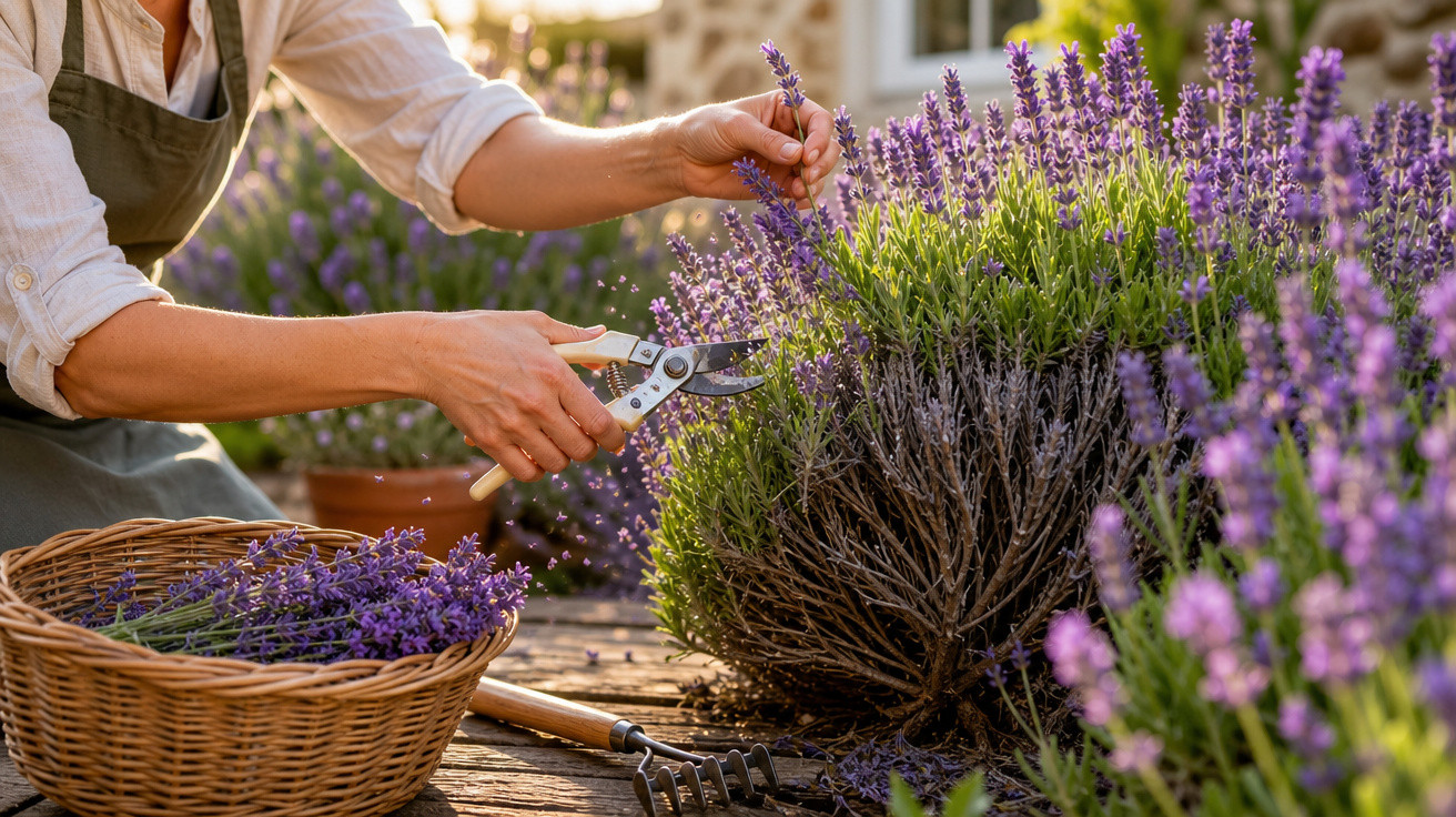 Pessoa colhendo flores de lavanda com tesoura de poda em jardim ensolarado, com cesta cheia de flores ao lado.