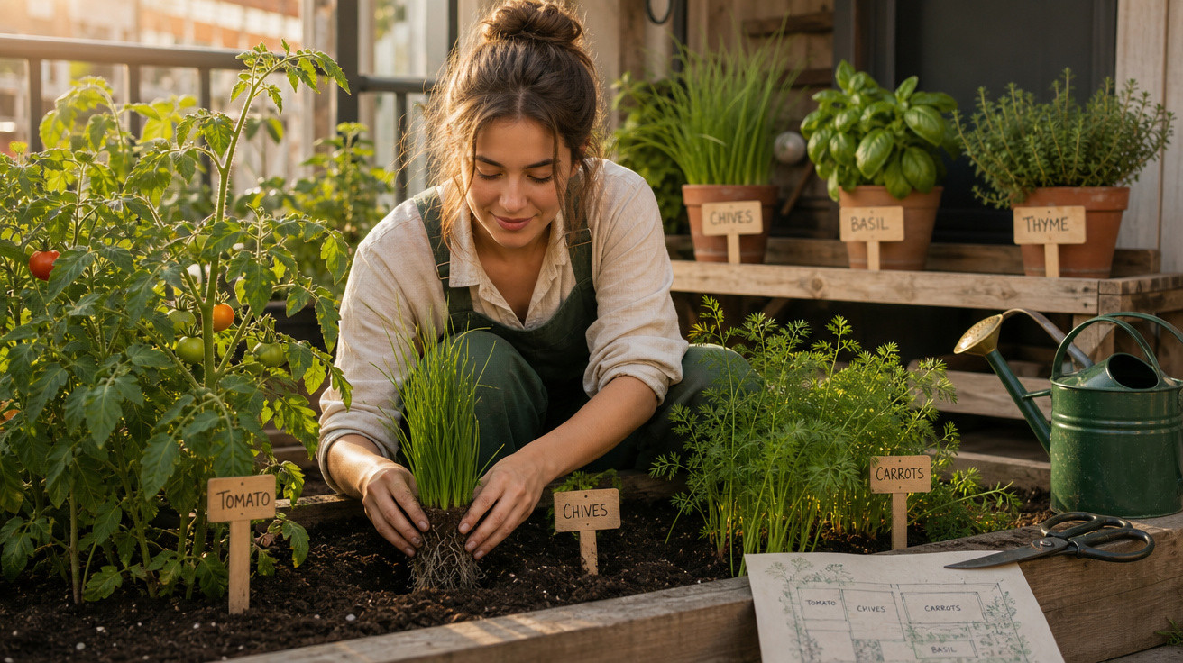 Jovem cuidando de plantas em horta urbana com tomates, cebolinha, cenoura e ervas em vasos.
