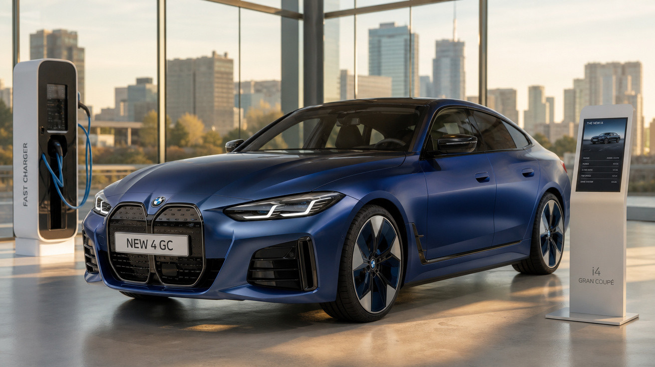 Carro elétrico azul BMW i4 Gran Coupé estacionado em showroom com carregador rápido e vista de cidade ao fundo.