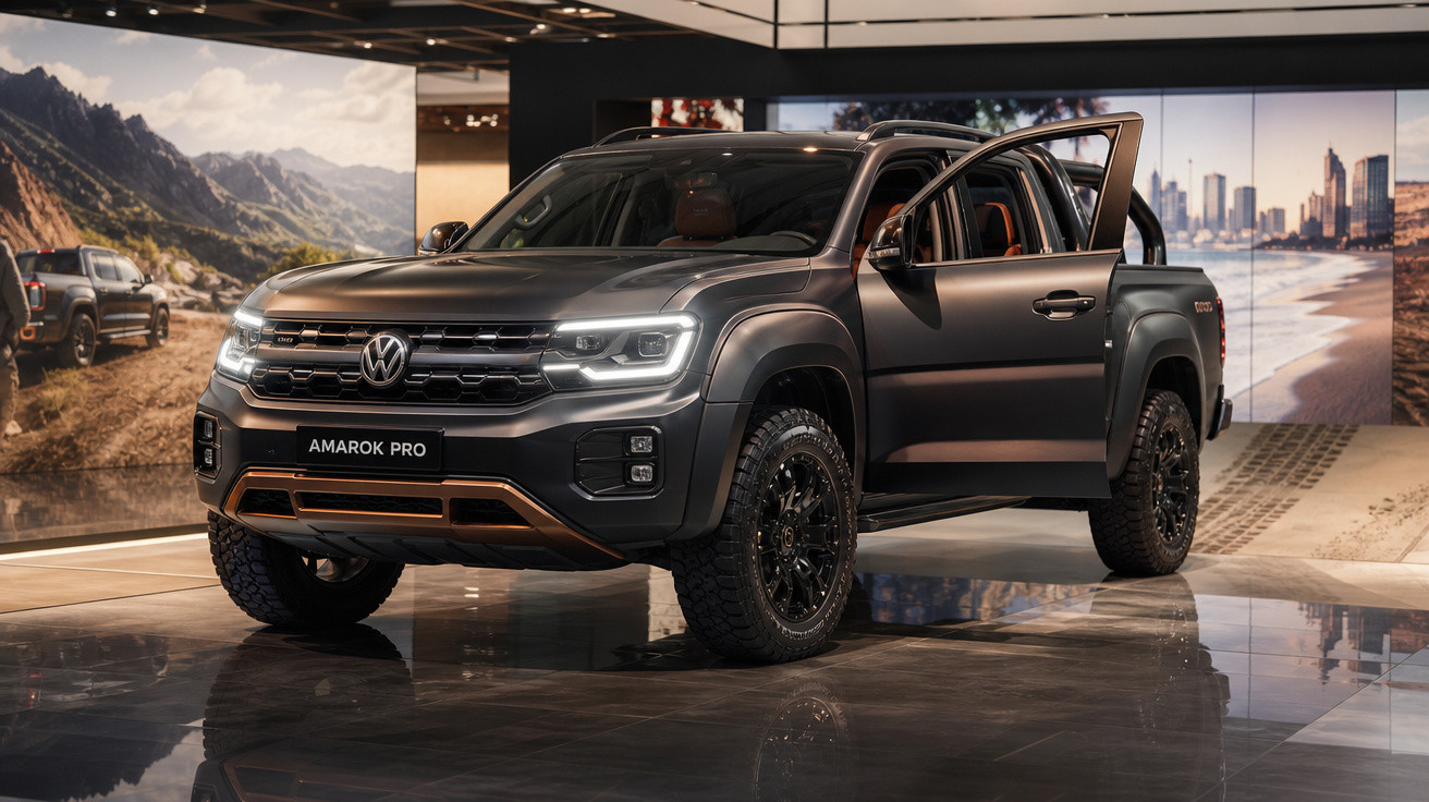 Picape Volkswagen Amarok Pro cinza com porta aberta exibida em salão de automóveis moderno.