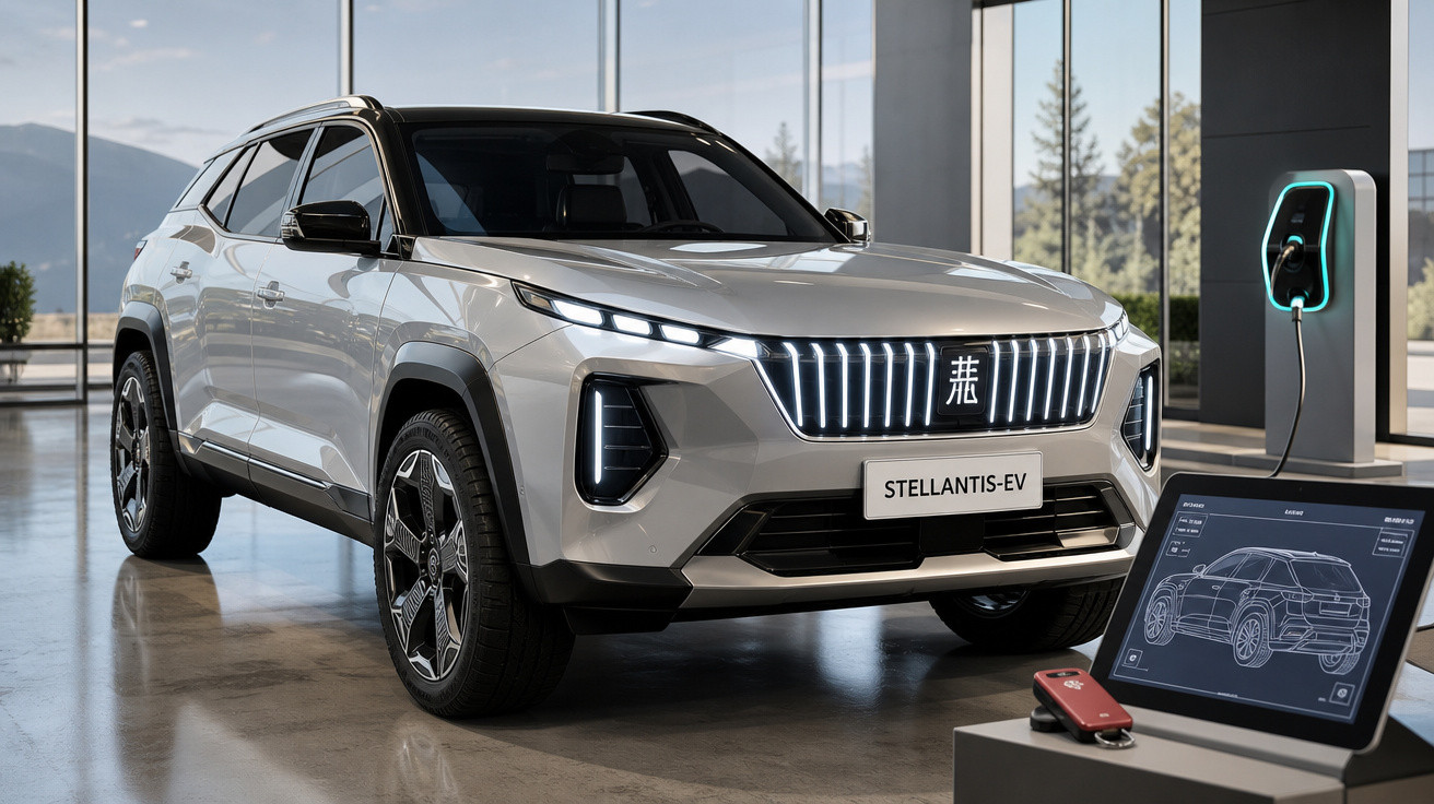 SUV elétrico branco Stellantis-EV em showroom moderno com estação de recarga e laptop exibindo projeto do carro.
