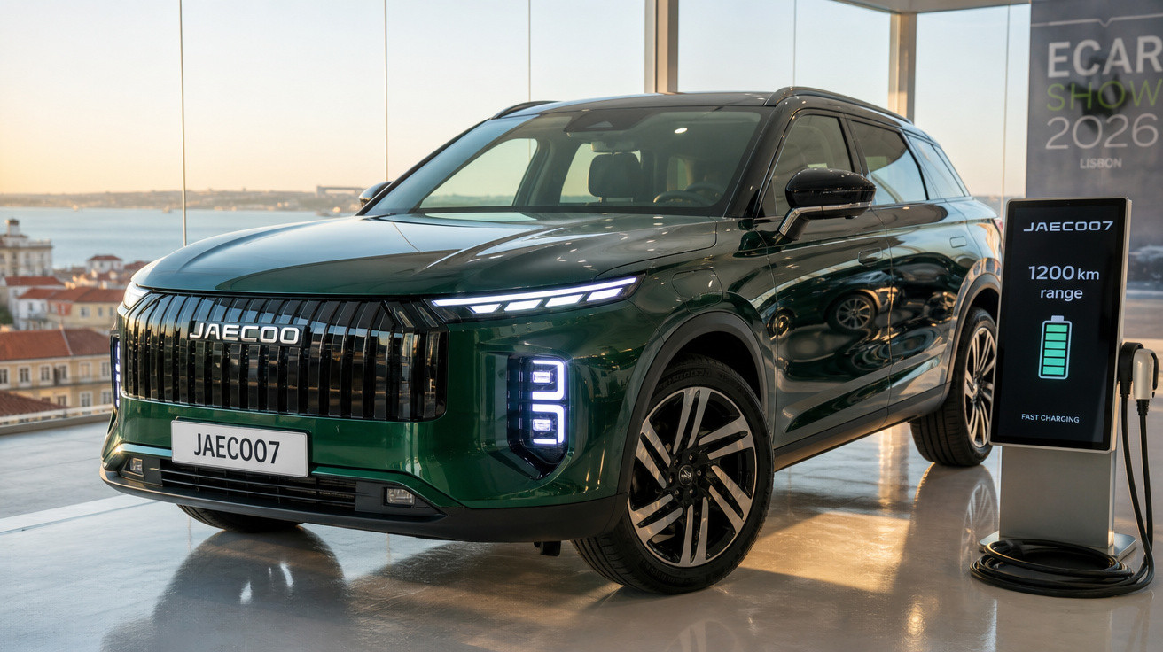 SUV elétrico verde Jaecoo JAECO07 em exposição com painel digital indicando autonomia de 1200 km.