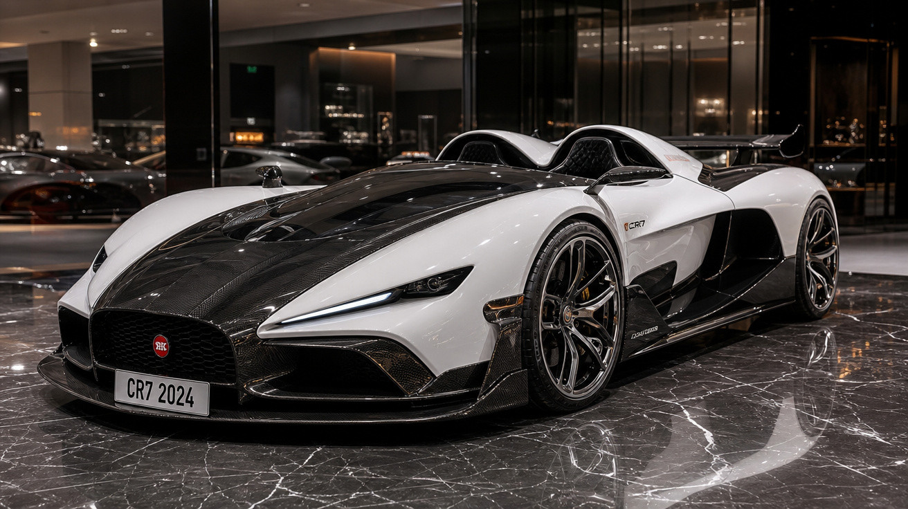 Carro esportivo branco e preto com design futurista exibido em showroom sofisticado.