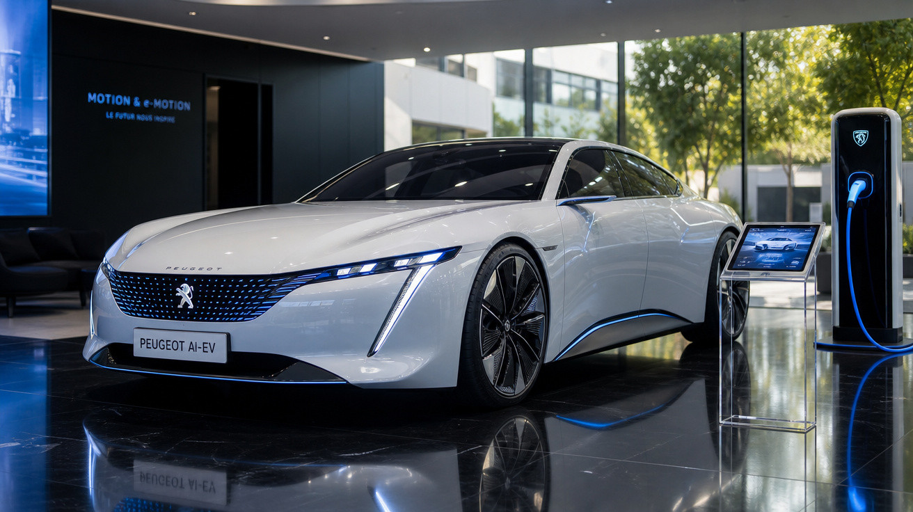 Carro elétrico Peugeot AI-EV branco em exibição com estação de recarga em showroom moderno.