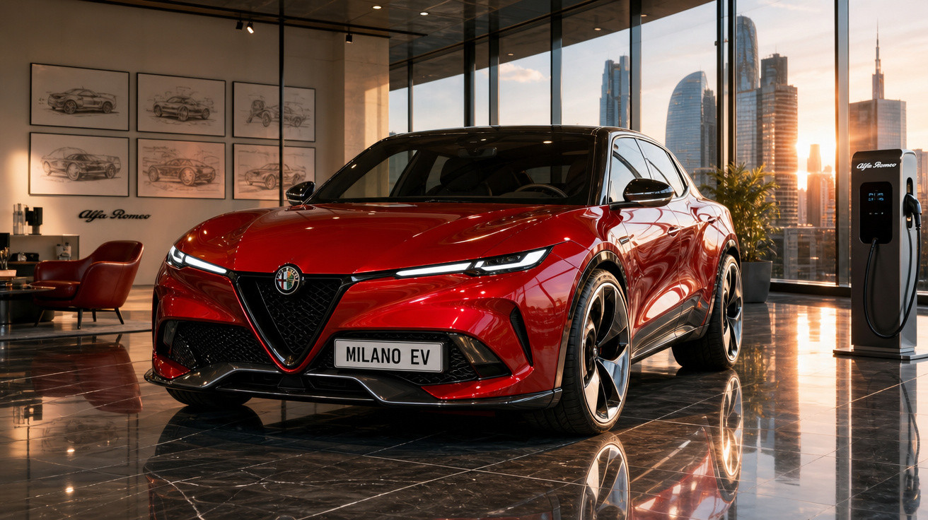 Carro elétrico vermelho Alfa Romeo Milano EV em showroom moderno com vidros e arranha-céus ao fundo.