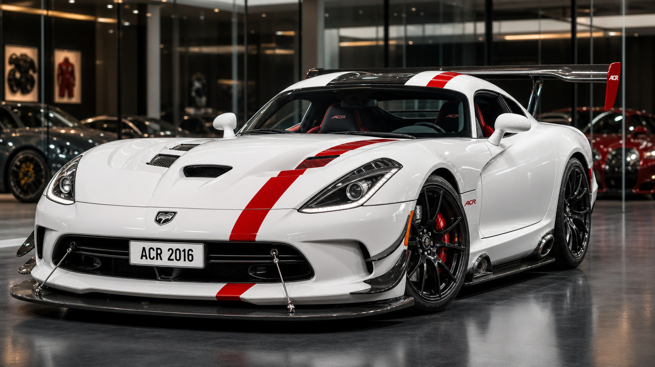 Carro esportivo branco com faixa vermelha, aerofólio traseiro e detalhes pretos em showroom.