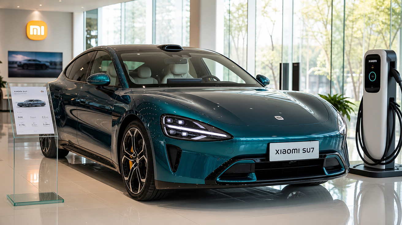 Carro elétrico Xiaomi SU7 azul exposto em showroom moderno ao lado de estação de carregamento.