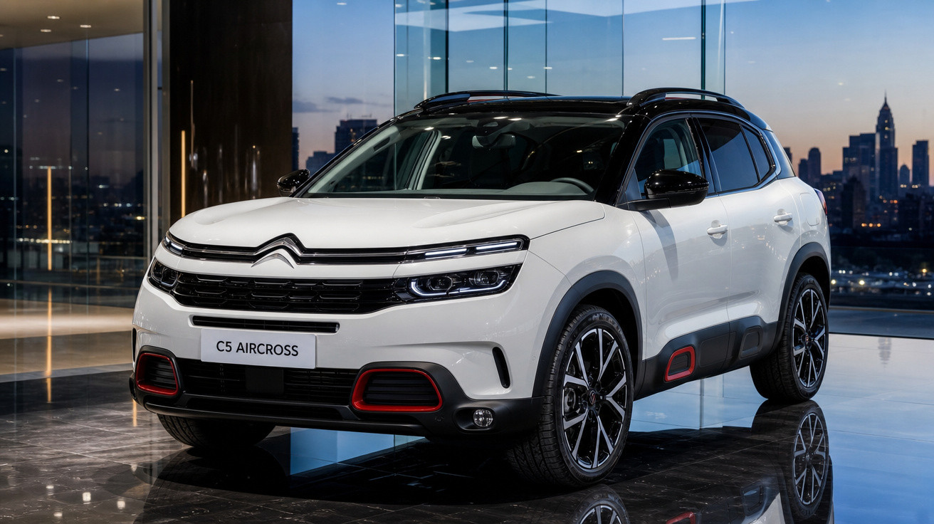 SUV Citroën C5 Aircross branco com teto preto, exibido em showroom moderno ao entardecer.