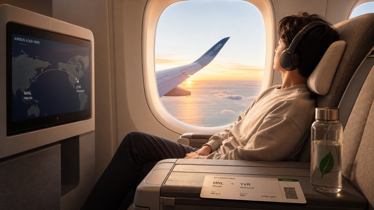Pessoa com fones de ouvido olhando pela janela do avião durante pôr do sol, com cartão de embarque e garrafa na mesa.