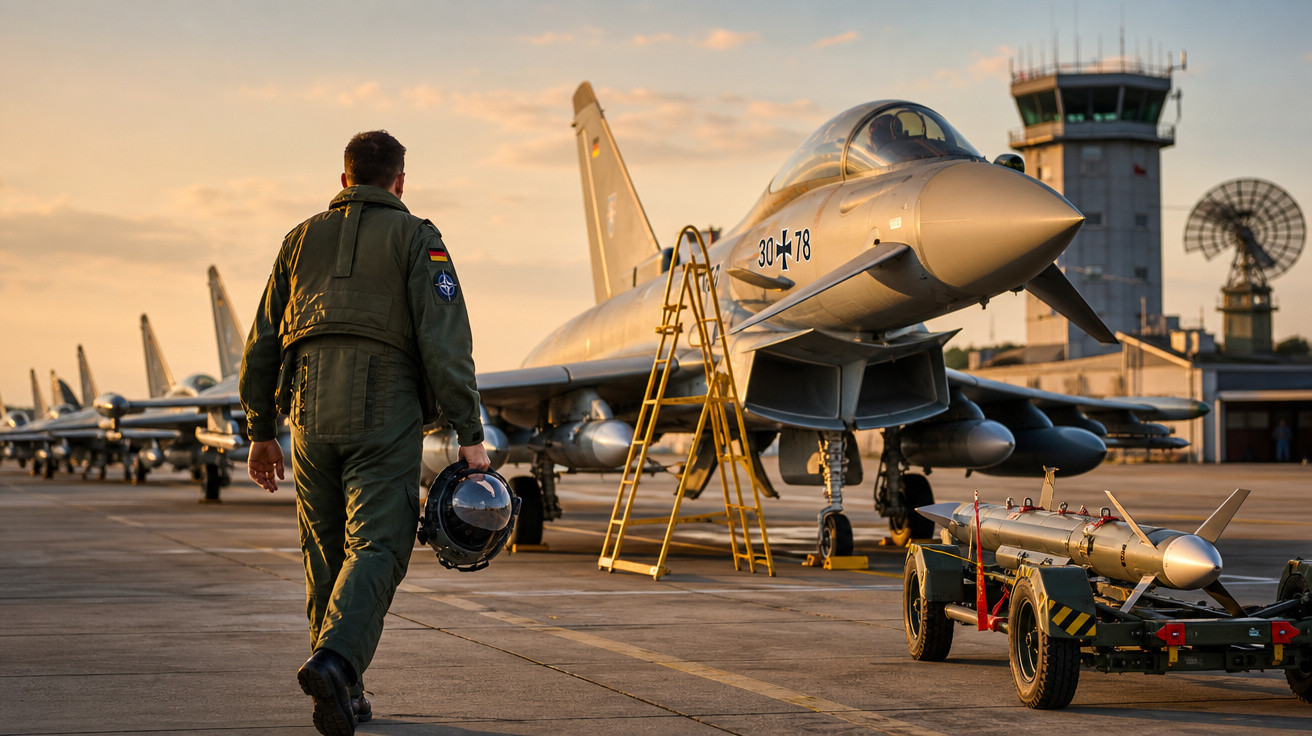 Piloto militar caminha em pista ao lado de caça Eurofighter Typhoon e torre de controle ao fundo ao pôr do sol.
