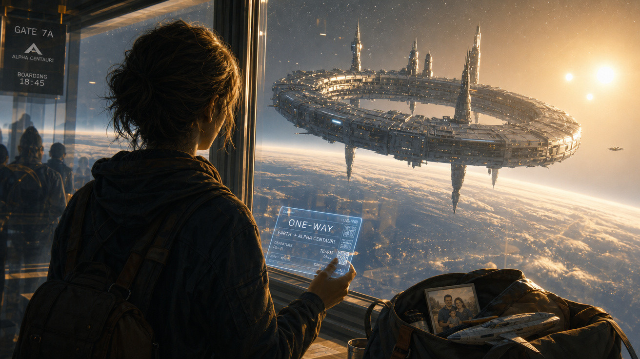 Pessoa observando estação espacial futurista em órbita acima da Terra pela janela de uma nave.