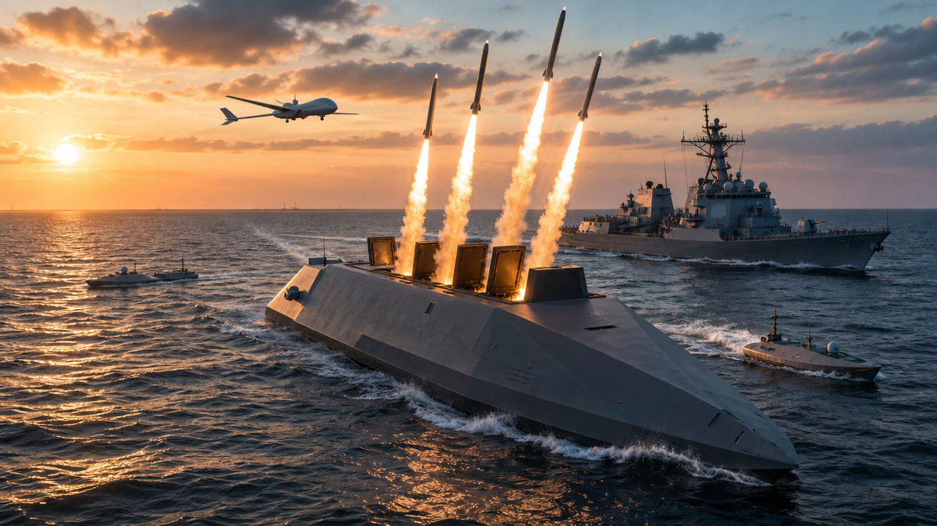 Navio de guerra futurista lançando quatro mísseis durante o pôr do sol, com outros navios e drone ao redor.