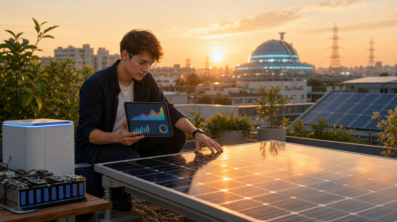 Jovem com tablet analisa painel solar em telhado ao pôr do sol com prédios e vegetação ao fundo.