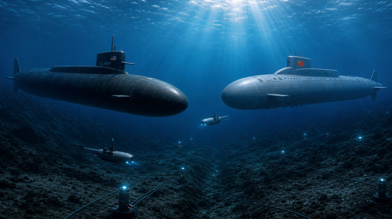 Dois submarinos militares em águas profundas com veículos submarinos menores e equipamentos no fundo do mar.