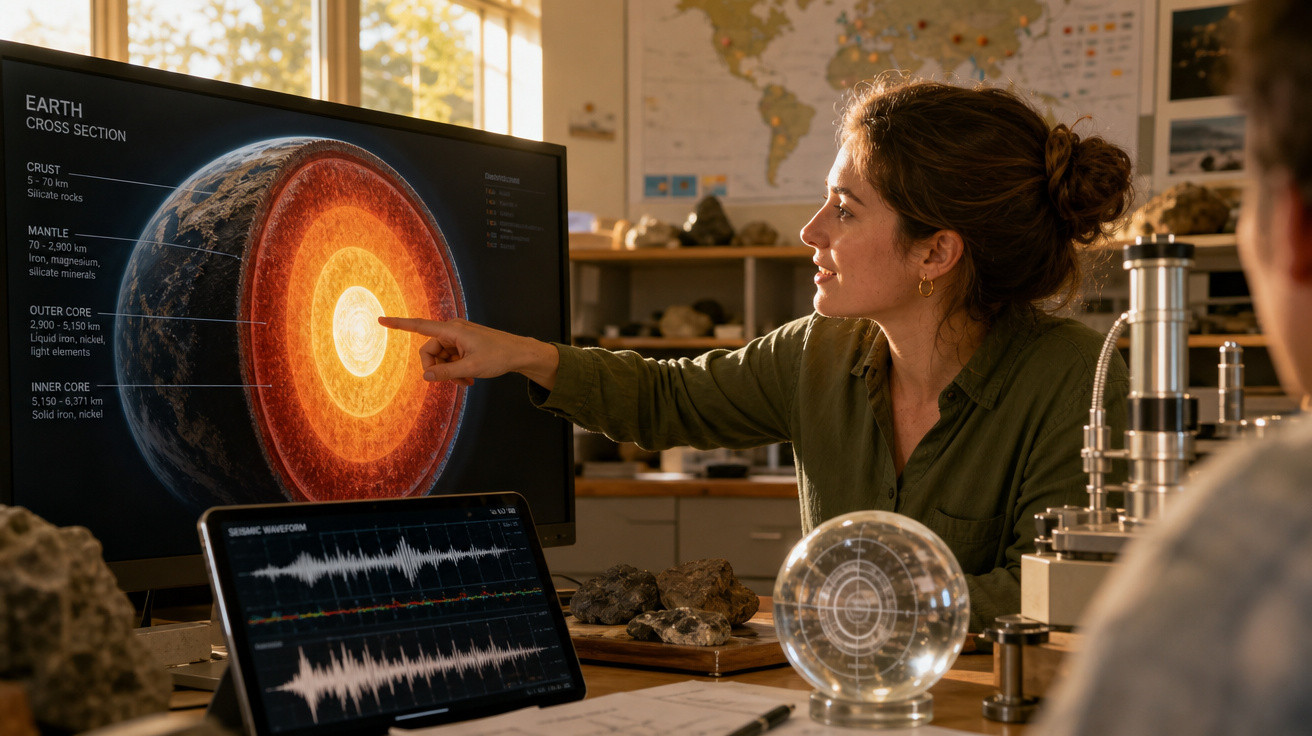 Mulher apontando para um diagrama da seção transversal da Terra em uma tela durante aula de geologia.