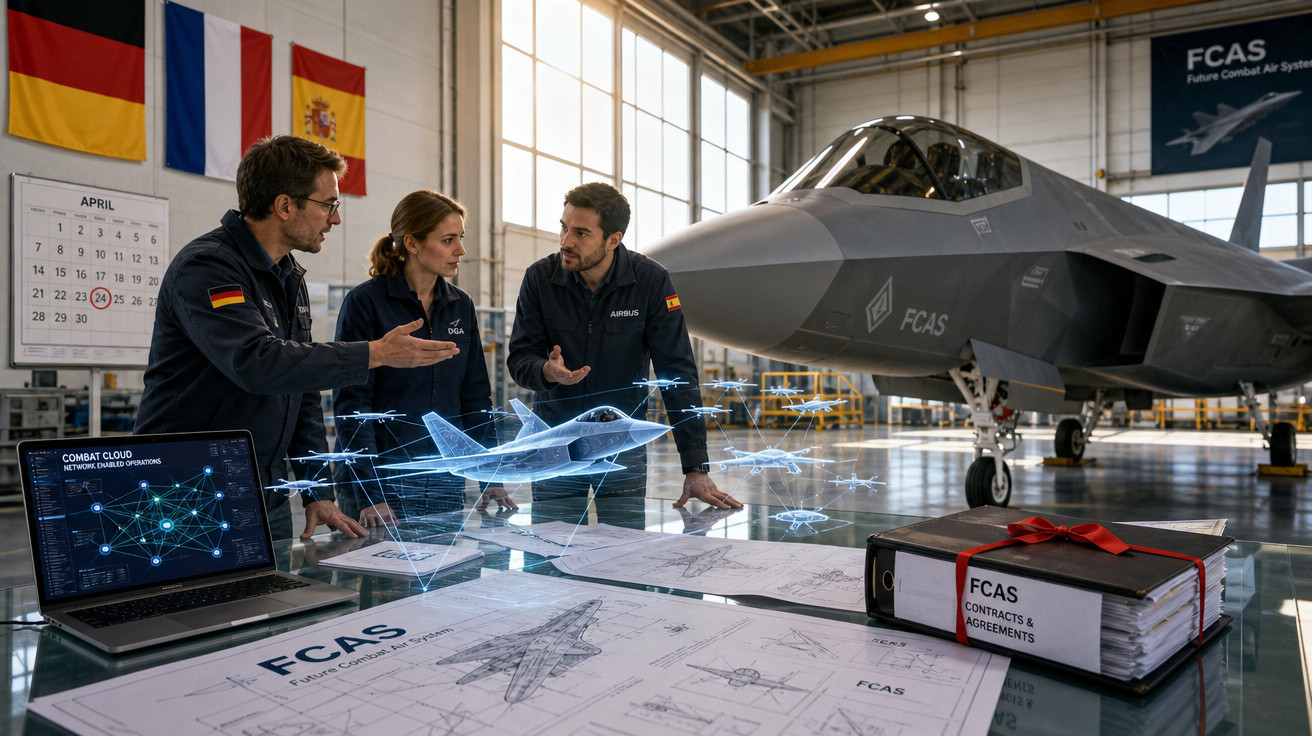 Equipe de engenheiros discute projeto holográfico de caça futurista em hangar com aeronave real ao fundo.