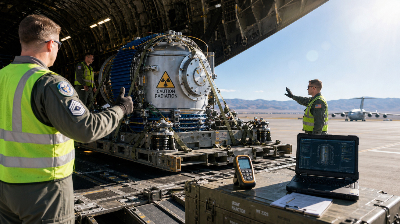 Militares norte-americanos operam reator nuclear com sinal de radiação em hangar aberto com avião ao fundo.