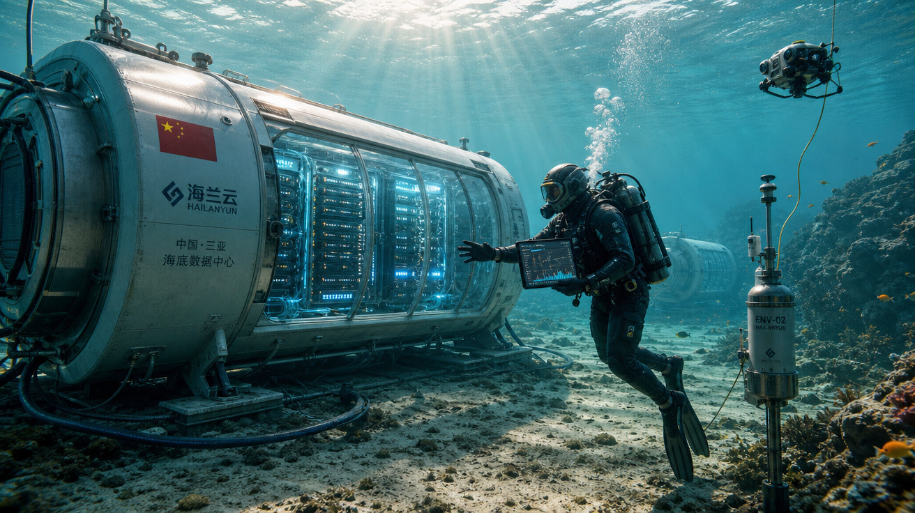 Mergulhador inspeciona data center submarino transparente com equipamentos tecnológicos e robô subaquático.