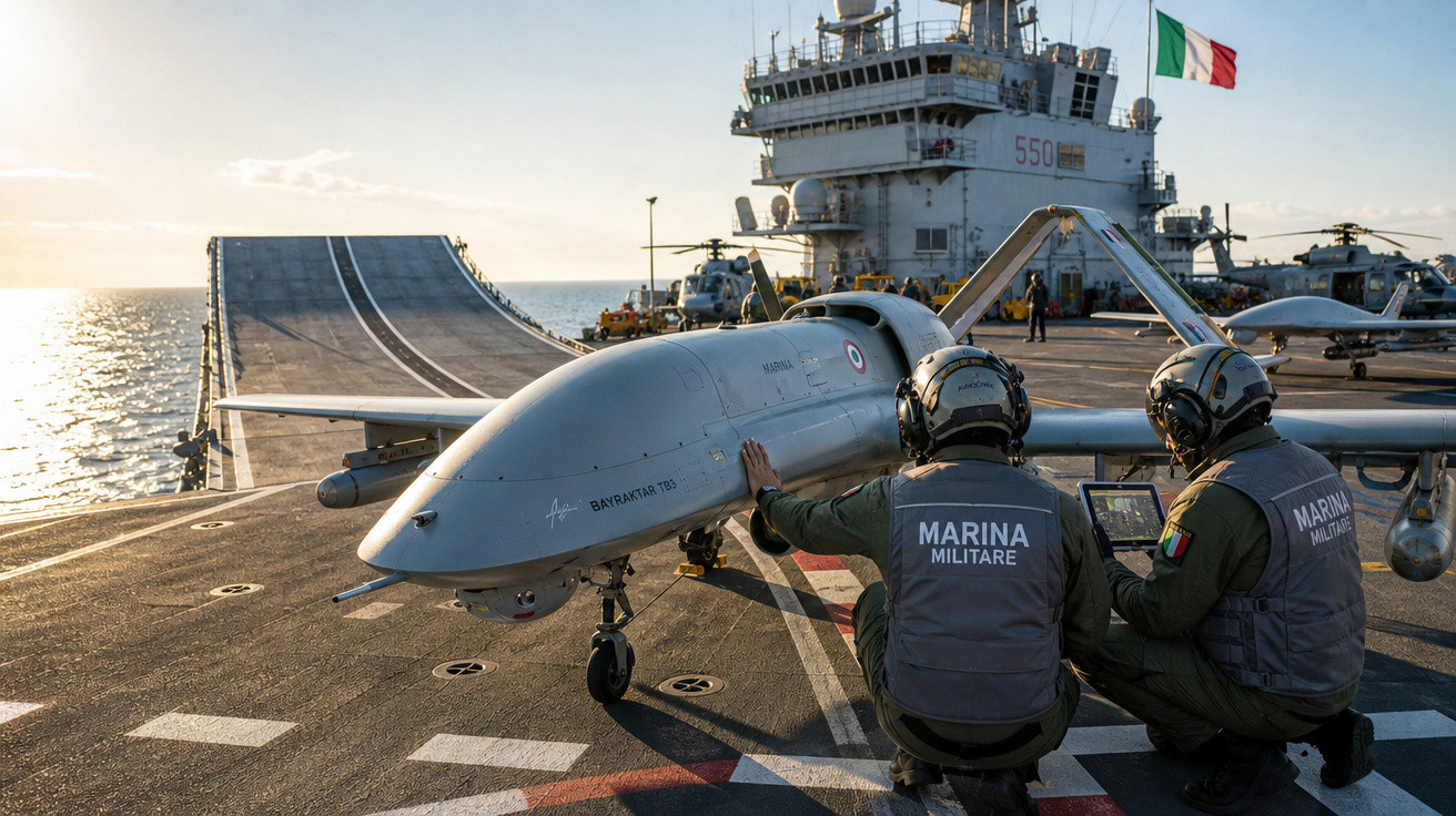 Dois militares da Marinha Italiana inspecionam drone Bayraktar no convés de um navio de guerra ao pôr do sol.