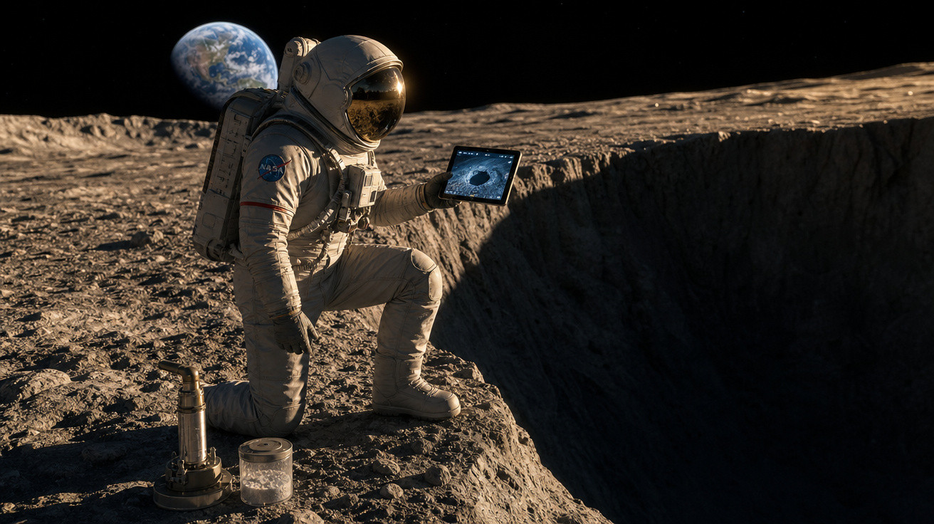 Astronauta da NASA ajoelhado na superfície lunar segurando tablet com imagem de crateras, Terra ao fundo.