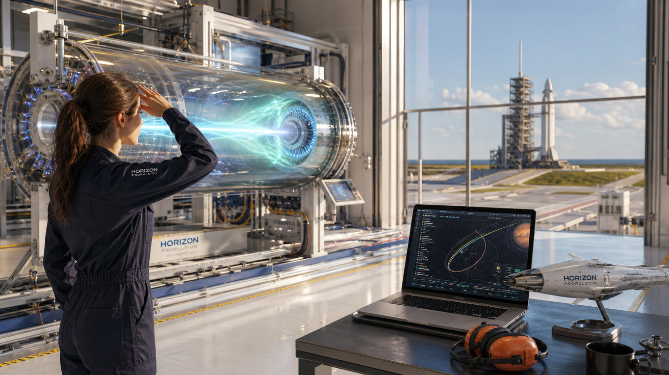 Mulher observa motor de foguete em laboratório com modelo de foguete e laptop, ao fundo plataforma de lançamento.