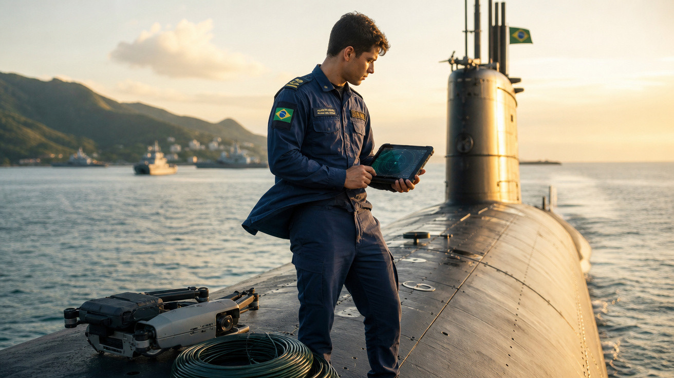 Militar da Marinha do Brasil com tablet em submarino no mar ao pôr do sol.