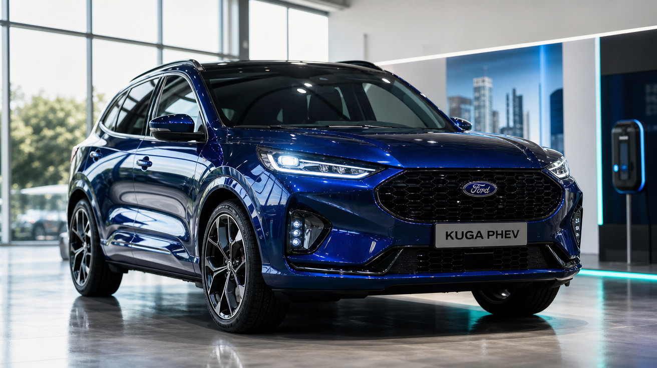 Carro SUV azul Ford Kuga PHEV estacionado em showroom moderno com grande janela ao fundo.