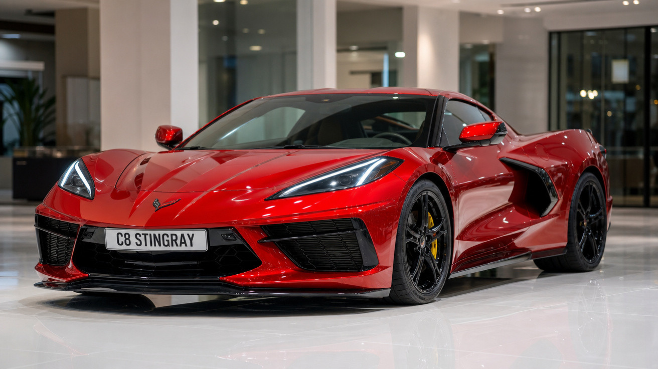 Carro esportivo vermelho Chevrolet Corvette C8 Stingray estacionado em ambiente interno iluminado.