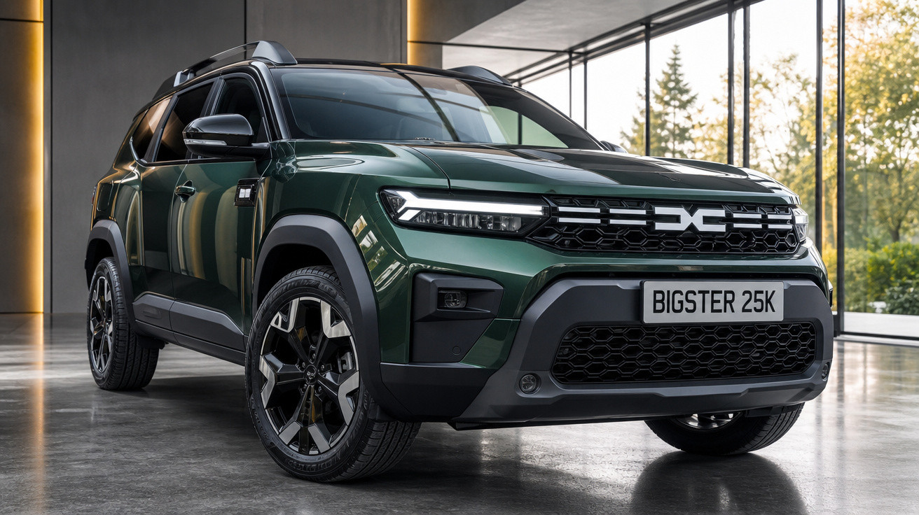 SUV verde escuro estacionado em ambiente interno moderno com iluminação amarelada e janelas grandes.