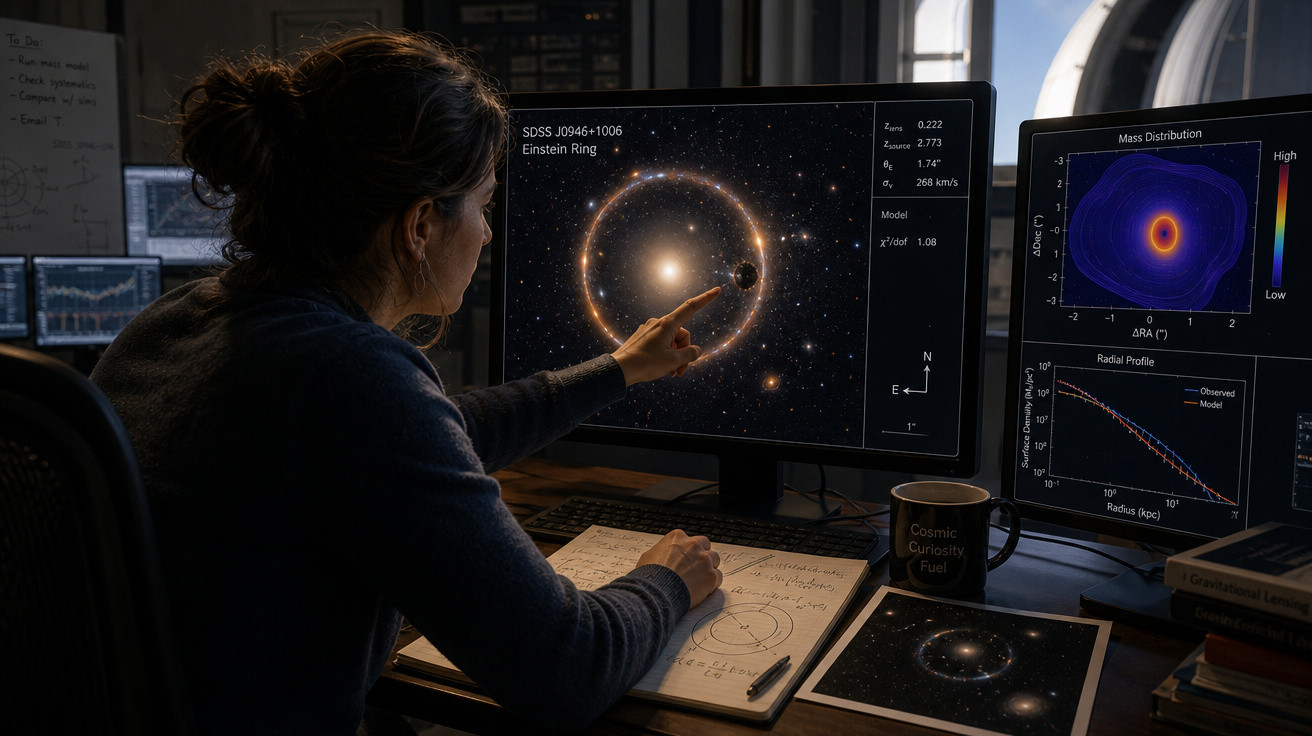 Pessoa apontando para imagem de anel de Einstein em tela de computador com gráficos espaciais ao redor.