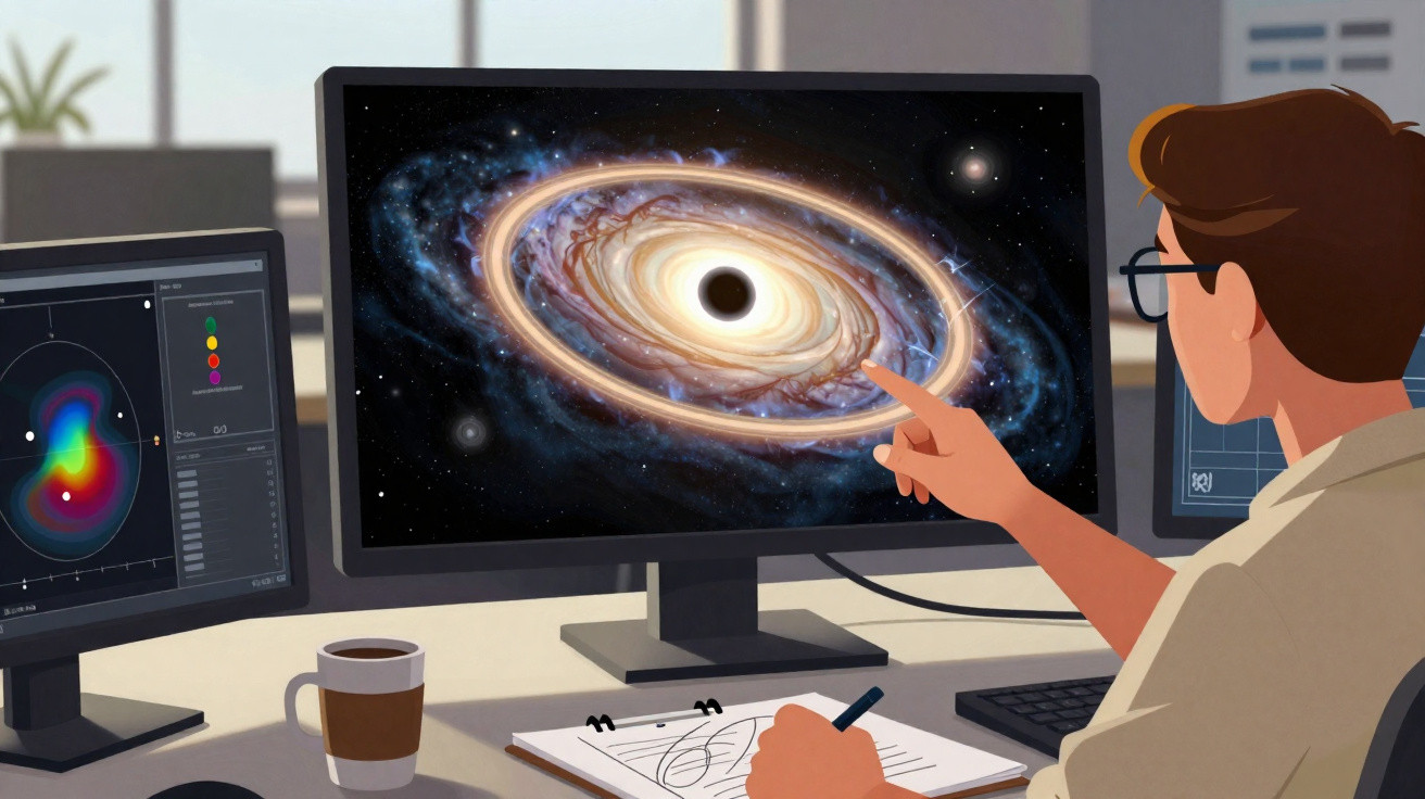 Pessoa analisando imagem de buraco negro com discos de acreção em monitor na mesa de trabalho.