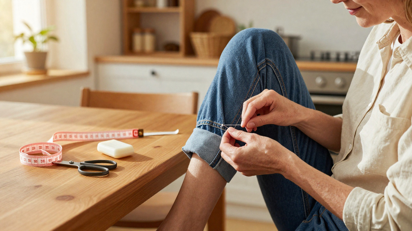 Pessoa ajustando a barra de uma calça jeans sentada à mesa com tesoura e fita métrica ao lado.
