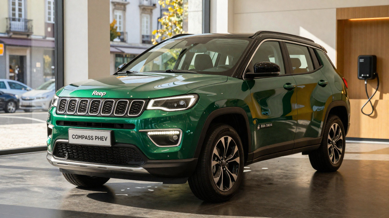 SUV Jeep Compass PHEV verde estacionado em showroom com carregador elétrico na parede.