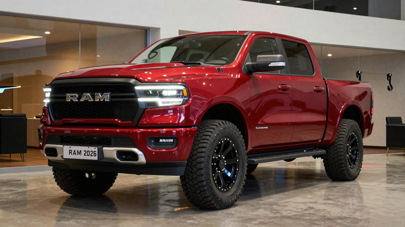 Picape RAM vermelha modelo 2026 em ambiente interno, com rodas robustas e design moderno.