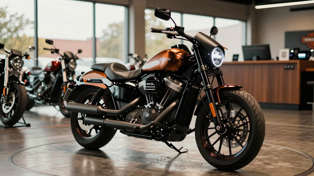 Motocicleta Harley-Davidson preta e cobre exposta em showroom moderno com outras motos ao fundo.