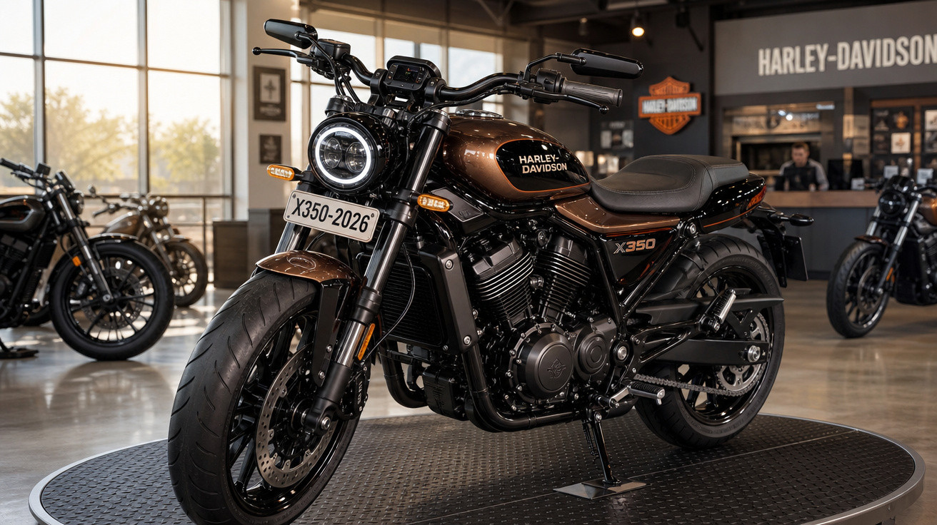 Motocicleta Harley-Davidson modelo X350 marrom exposta em showroom moderno com outras motos ao fundo.