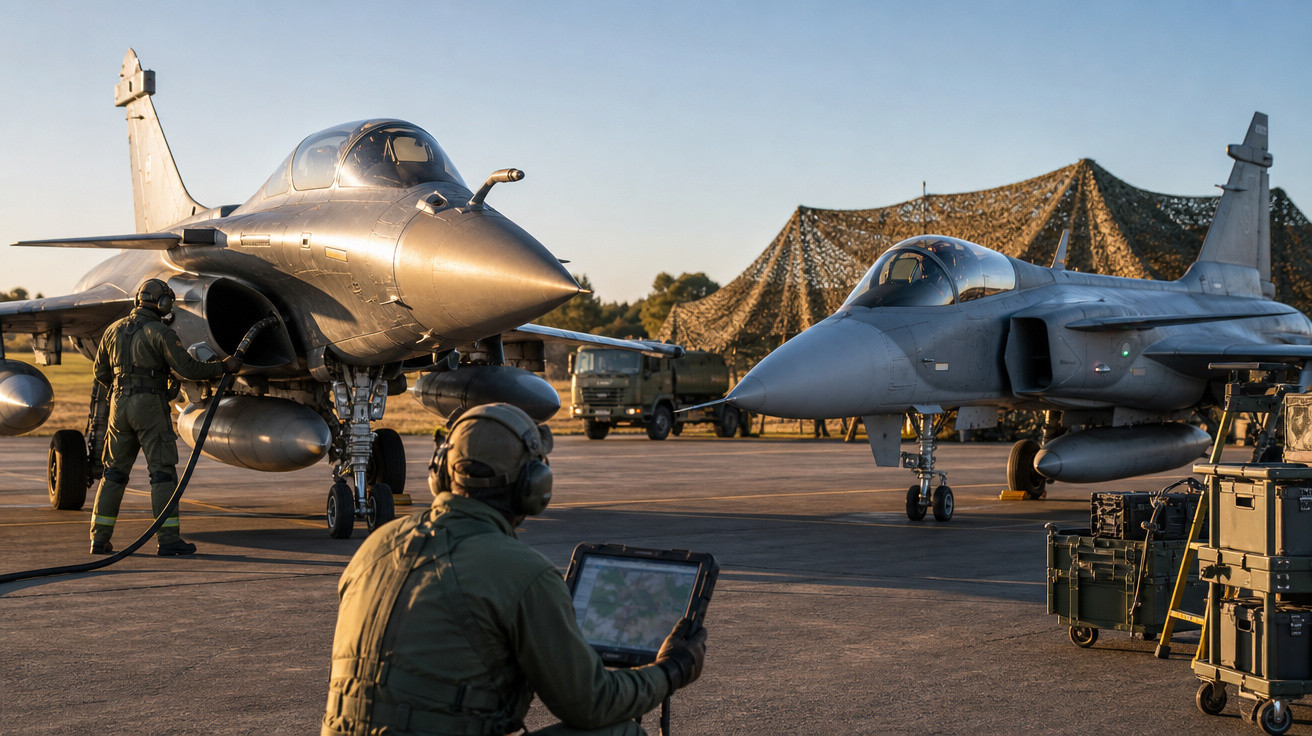 Dois caças militares estacionados com militares em uniforme operacional realizando manutenção ao amanhecer.