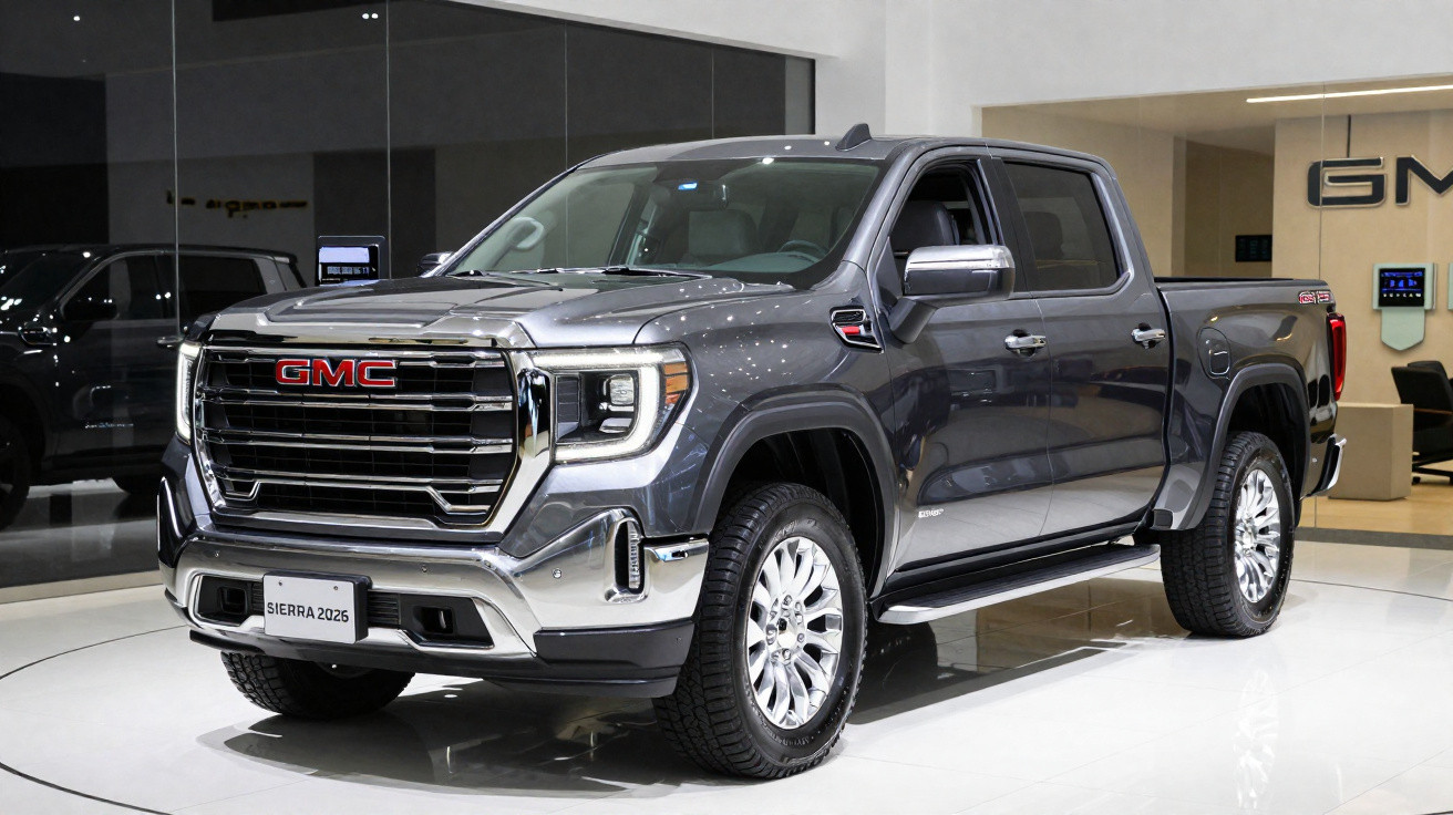 Picape cinza GMC Sierra 2025 em exposição em showroom moderno com piso branco e paredes claras.