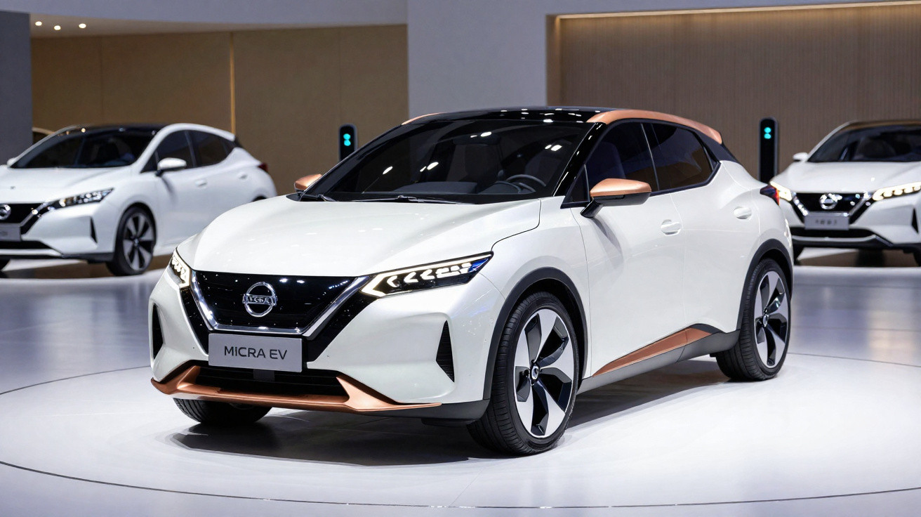 Carro elétrico branco Nissan Micra EV exibido em estande, com detalhes cobre e design moderno.