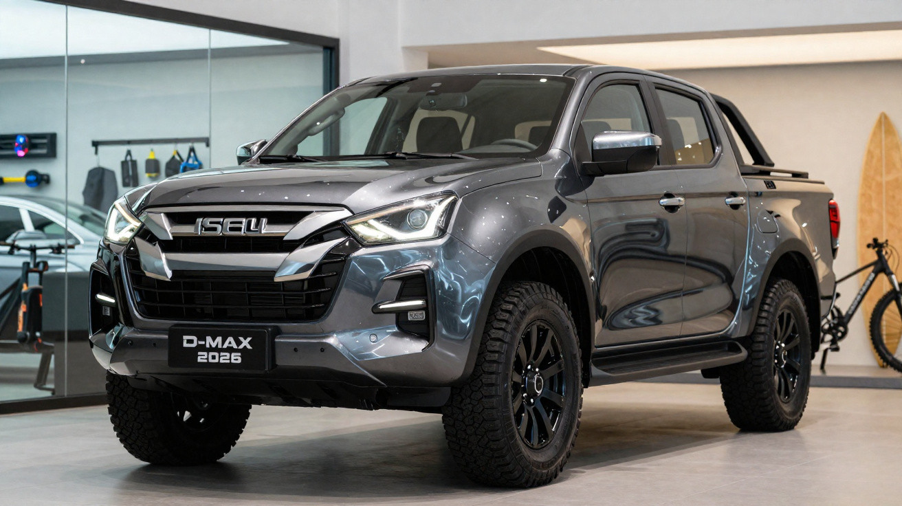 Picape Isuzu D-Max 2026 cinza escuro em ambiente interno de exposição automotiva.