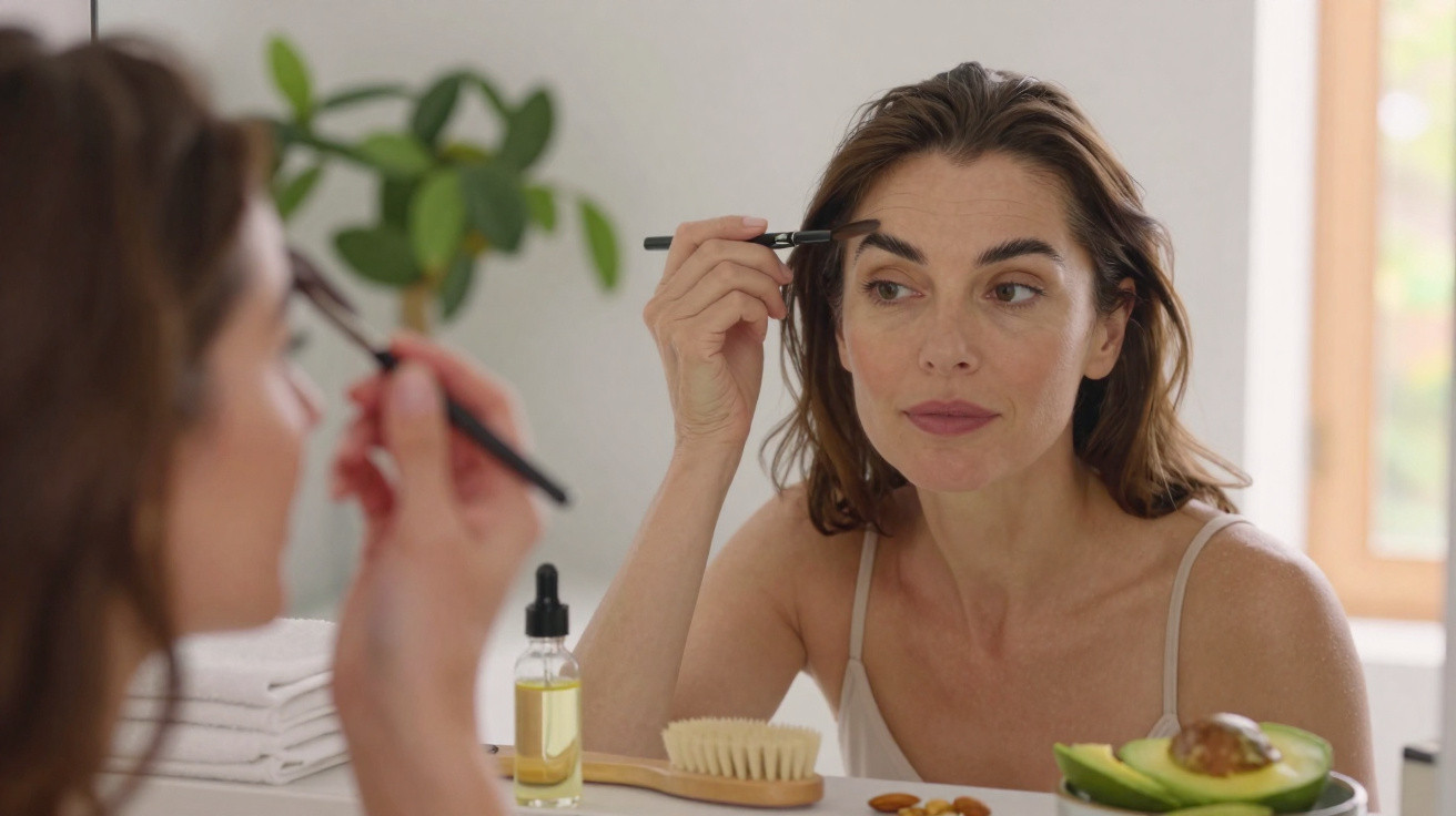 Mulher aplicando maquiagem nas sobrancelhas em frente ao espelho, com produtos de cuidado e alimentos ao redor.