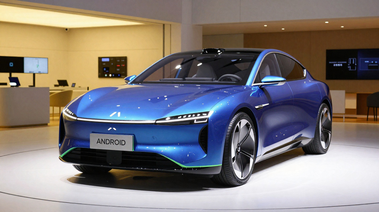Carro elétrico azul futurista exibido em showroom moderno com placa escrita "ANDROID".